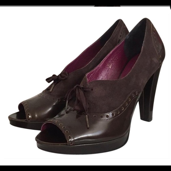 Brown Oxford Coach Peep Toe Heels - Picture 1 of 8